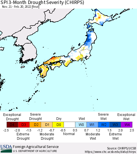 Japan SPI 3-Month Drought Severity (CHIRPS) Thematic Map For 11/21/2021 - 2/20/2022
