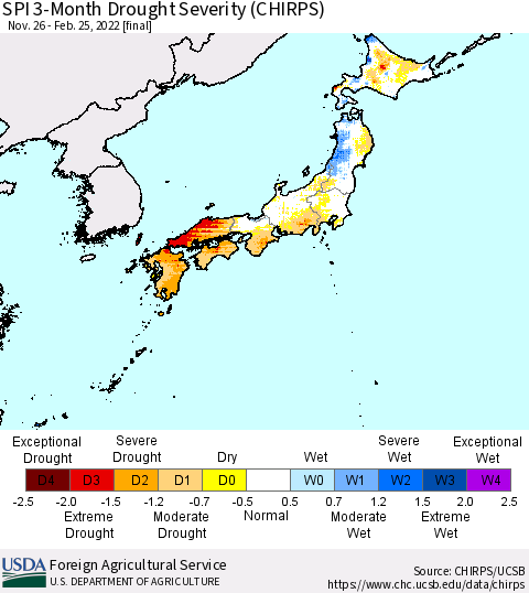 Japan SPI 3-Month Drought Severity (CHIRPS) Thematic Map For 11/26/2021 - 2/25/2022