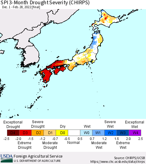 Japan SPI 3-Month Drought Severity (CHIRPS) Thematic Map For 12/1/2021 - 2/28/2022