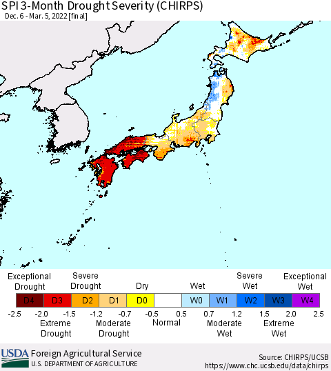 Japan SPI 3-Month Drought Severity (CHIRPS) Thematic Map For 12/6/2021 - 3/5/2022