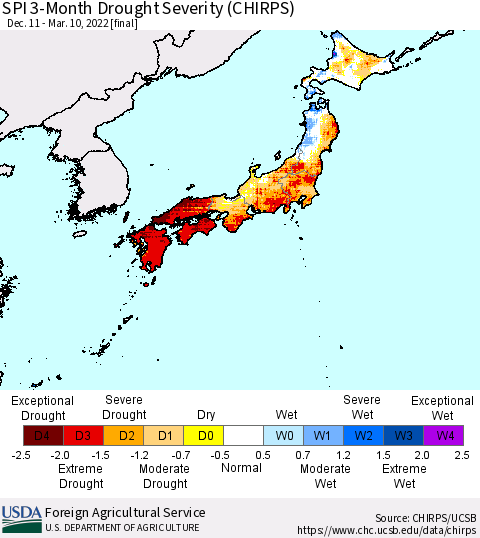 Japan SPI 3-Month Drought Severity (CHIRPS) Thematic Map For 12/11/2021 - 3/10/2022