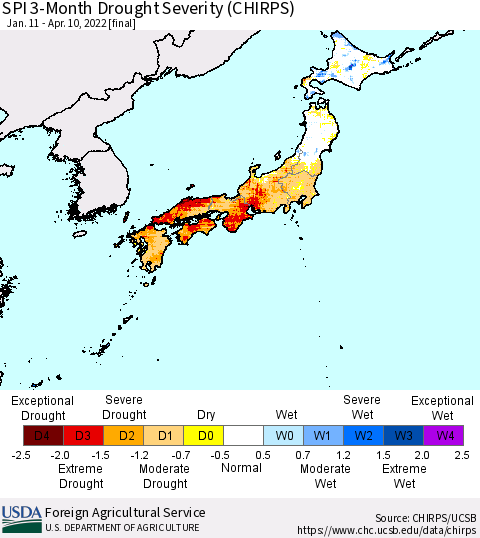 Japan SPI 3-Month Drought Severity (CHIRPS) Thematic Map For 1/11/2022 - 4/10/2022