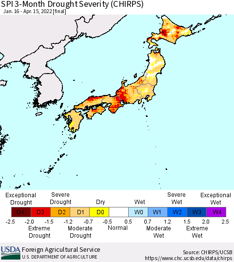 Japan SPI 3-Month Drought Severity (CHIRPS) Thematic Map For 1/16/2022 - 4/15/2022