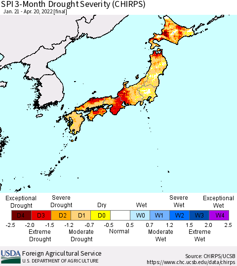 Japan SPI 3-Month Drought Severity (CHIRPS) Thematic Map For 1/21/2022 - 4/20/2022