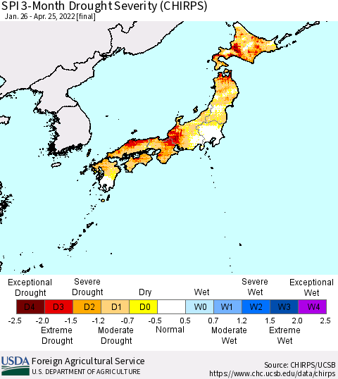 Japan SPI 3-Month Drought Severity (CHIRPS) Thematic Map For 1/26/2022 - 4/25/2022