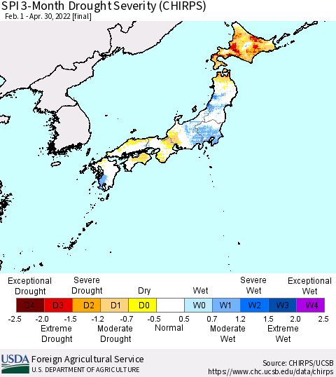 Japan SPI 3-Month Drought Severity (CHIRPS) Thematic Map For 2/1/2022 - 4/30/2022