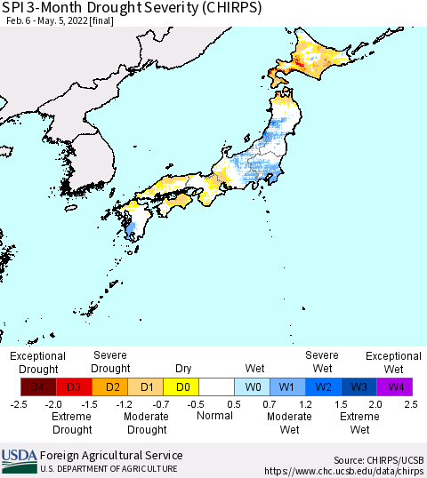 Japan SPI 3-Month Drought Severity (CHIRPS) Thematic Map For 2/6/2022 - 5/5/2022
