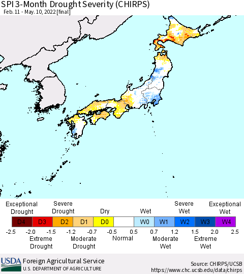 Japan SPI 3-Month Drought Severity (CHIRPS) Thematic Map For 2/11/2022 - 5/10/2022