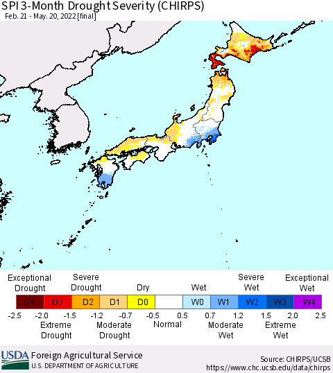 Japan SPI 3-Month Drought Severity (CHIRPS) Thematic Map For 2/21/2022 - 5/20/2022