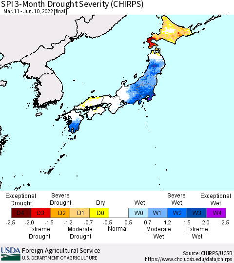 Japan SPI 3-Month Drought Severity (CHIRPS) Thematic Map For 3/11/2022 - 6/10/2022