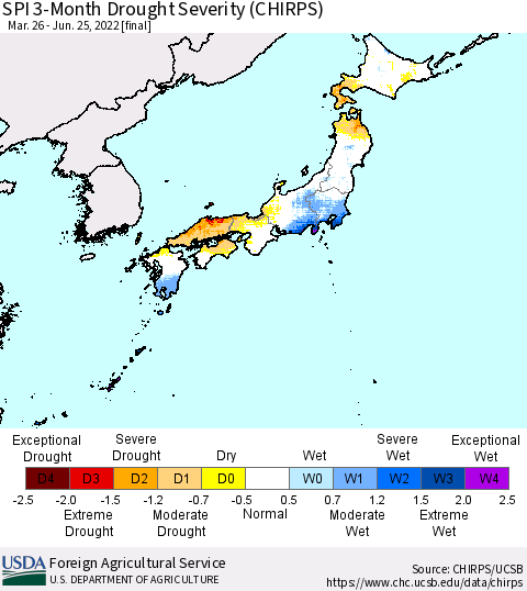 Japan SPI 3-Month Drought Severity (CHIRPS) Thematic Map For 3/26/2022 - 6/25/2022