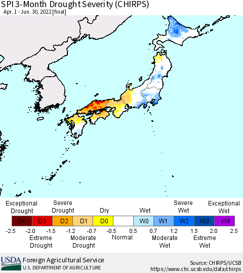 Japan SPI 3-Month Drought Severity (CHIRPS) Thematic Map For 4/1/2022 - 6/30/2022