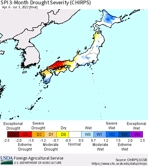 Japan SPI 3-Month Drought Severity (CHIRPS) Thematic Map For 4/6/2022 - 7/5/2022