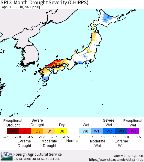 Japan SPI 3-Month Drought Severity (CHIRPS) Thematic Map For 4/11/2022 - 7/10/2022