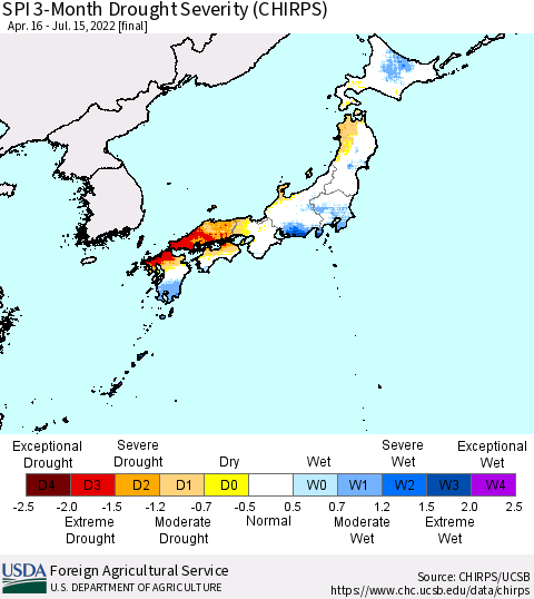 Japan SPI 3-Month Drought Severity (CHIRPS) Thematic Map For 4/16/2022 - 7/15/2022