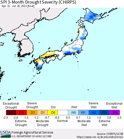 Japan SPI 3-Month Drought Severity (CHIRPS) Thematic Map For 4/21/2022 - 7/20/2022