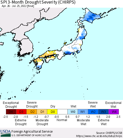 Japan SPI 3-Month Drought Severity (CHIRPS) Thematic Map For 4/26/2022 - 7/25/2022