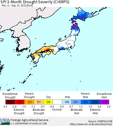 Japan SPI 3-Month Drought Severity (CHIRPS) Thematic Map For 5/11/2022 - 8/10/2022