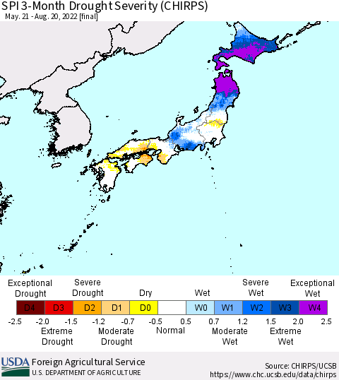 Japan SPI 3-Month Drought Severity (CHIRPS) Thematic Map For 5/21/2022 - 8/20/2022