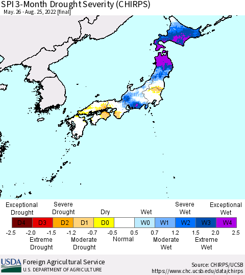 Japan SPI 3-Month Drought Severity (CHIRPS) Thematic Map For 5/26/2022 - 8/25/2022