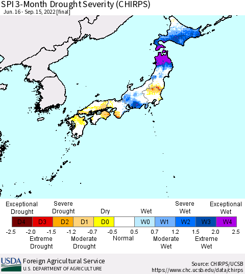 Japan SPI 3-Month Drought Severity (CHIRPS) Thematic Map For 6/16/2022 - 9/15/2022
