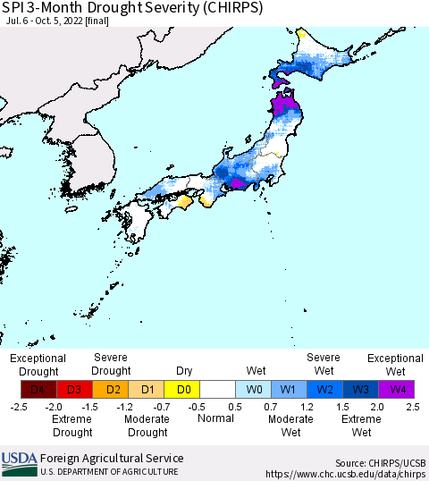 Japan SPI 3-Month Drought Severity (CHIRPS) Thematic Map For 7/6/2022 - 10/5/2022