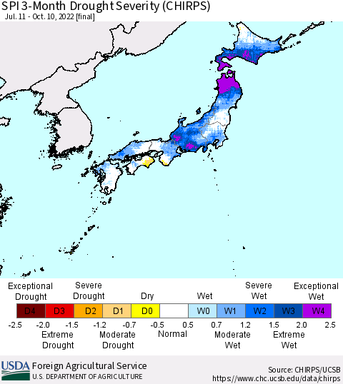 Japan SPI 3-Month Drought Severity (CHIRPS) Thematic Map For 7/11/2022 - 10/10/2022