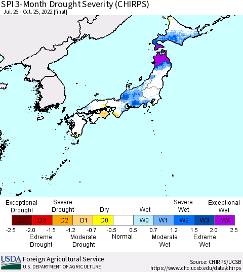 Japan SPI 3-Month Drought Severity (CHIRPS) Thematic Map For 7/26/2022 - 10/25/2022