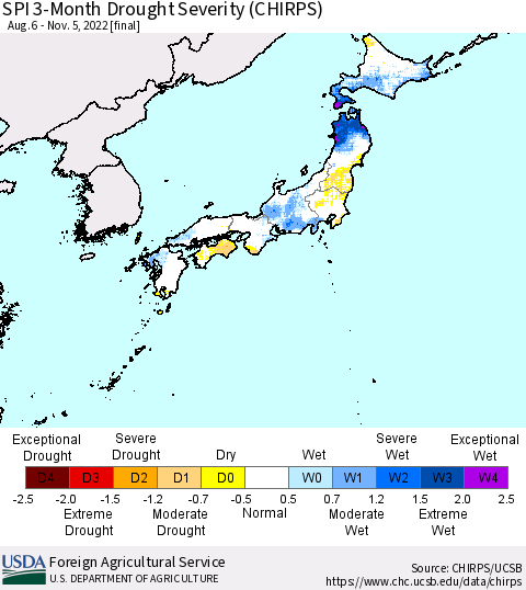 Japan SPI 3-Month Drought Severity (CHIRPS) Thematic Map For 8/6/2022 - 11/5/2022