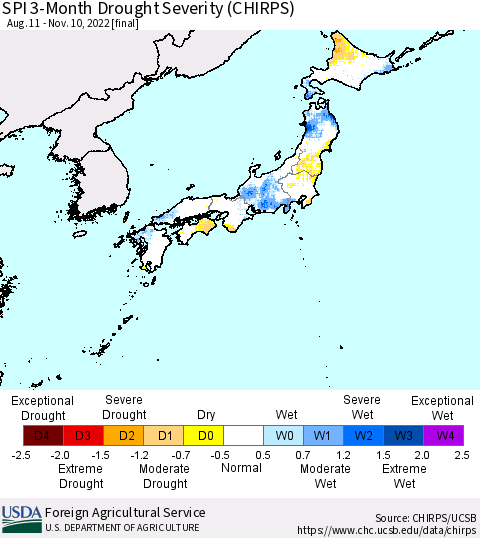 Japan SPI 3-Month Drought Severity (CHIRPS) Thematic Map For 8/11/2022 - 11/10/2022