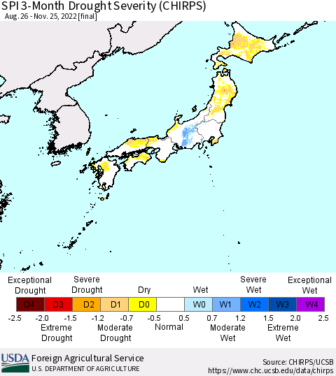Japan SPI 3-Month Drought Severity (CHIRPS) Thematic Map For 8/26/2022 - 11/25/2022