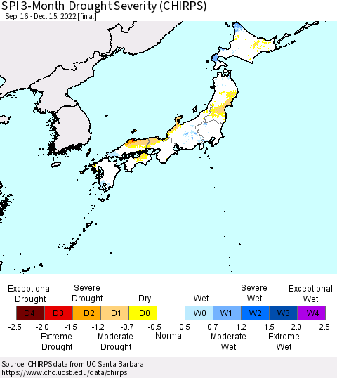 Japan SPI 3-Month Drought Severity (CHIRPS) Thematic Map For 9/16/2022 - 12/15/2022