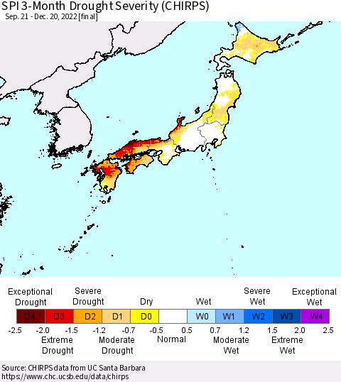 Japan SPI 3-Month Drought Severity (CHIRPS) Thematic Map For 9/21/2022 - 12/20/2022