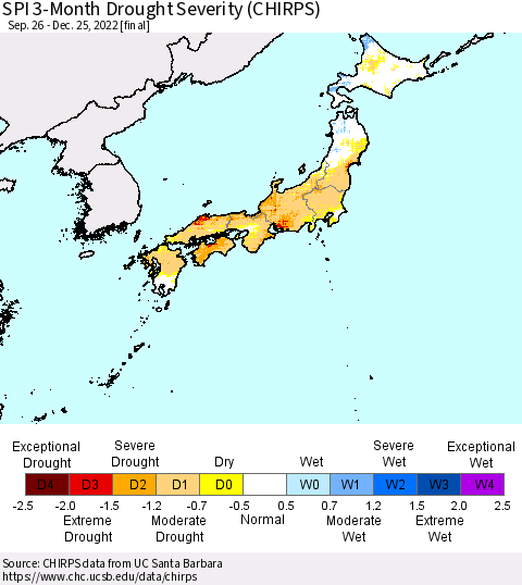 Japan SPI 3-Month Drought Severity (CHIRPS) Thematic Map For 9/26/2022 - 12/25/2022
