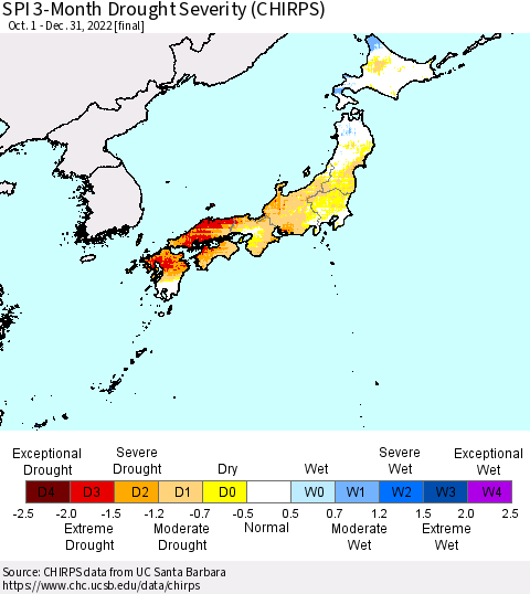 Japan SPI 3-Month Drought Severity (CHIRPS) Thematic Map For 10/1/2022 - 12/31/2022