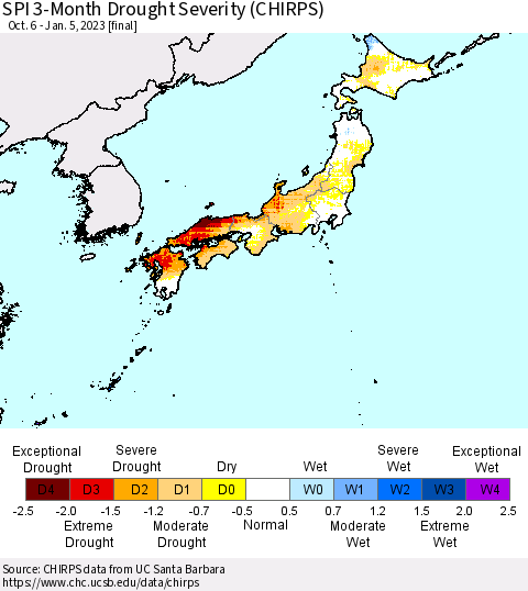 Japan SPI 3-Month Drought Severity (CHIRPS) Thematic Map For 10/6/2022 - 1/5/2023