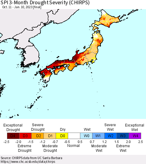 Japan SPI 3-Month Drought Severity (CHIRPS) Thematic Map For 10/11/2022 - 1/10/2023