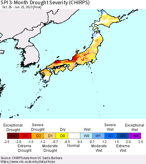 Japan SPI 3-Month Drought Severity (CHIRPS) Thematic Map For 10/26/2022 - 1/25/2023