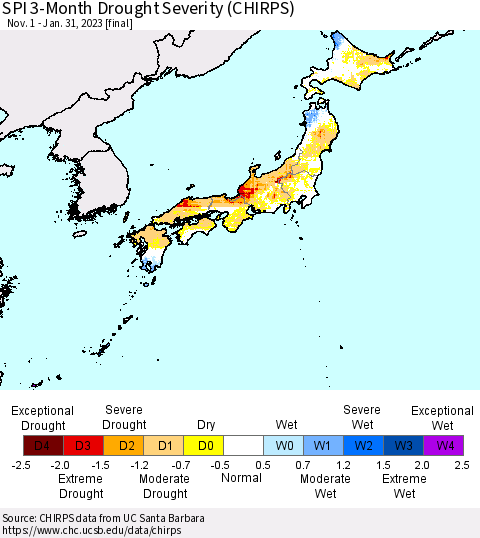 Japan SPI 3-Month Drought Severity (CHIRPS) Thematic Map For 11/1/2022 - 1/31/2023
