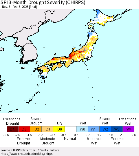 Japan SPI 3-Month Drought Severity (CHIRPS) Thematic Map For 11/6/2022 - 2/5/2023