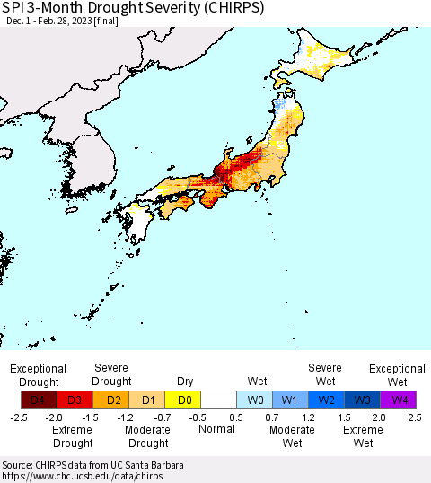 Japan SPI 3-Month Drought Severity (CHIRPS) Thematic Map For 12/1/2022 - 2/28/2023