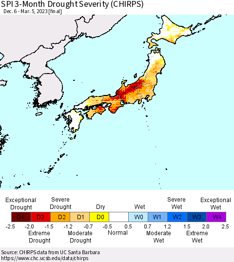 Japan SPI 3-Month Drought Severity (CHIRPS) Thematic Map For 12/6/2022 - 3/5/2023