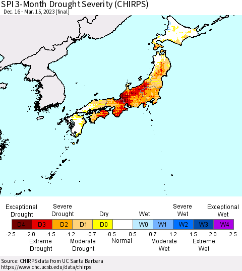 Japan SPI 3-Month Drought Severity (CHIRPS) Thematic Map For 12/16/2022 - 3/15/2023