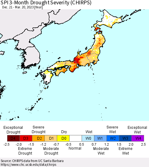 Japan SPI 3-Month Drought Severity (CHIRPS) Thematic Map For 12/21/2022 - 3/20/2023
