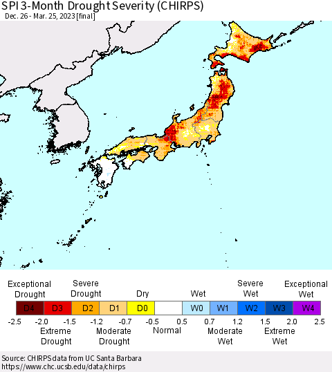 Japan SPI 3-Month Drought Severity (CHIRPS) Thematic Map For 12/26/2022 - 3/25/2023