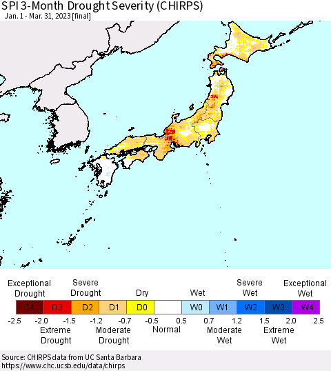 Japan SPI 3-Month Drought Severity (CHIRPS) Thematic Map For 1/1/2023 - 3/31/2023