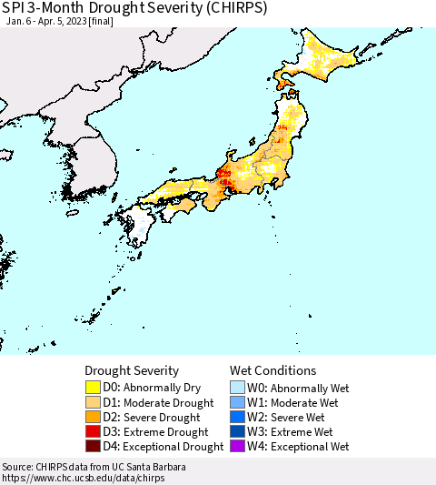 Japan SPI 3-Month Drought Severity (CHIRPS) Thematic Map For 1/6/2023 - 4/5/2023