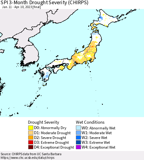 Japan SPI 3-Month Drought Severity (CHIRPS) Thematic Map For 1/11/2023 - 4/10/2023
