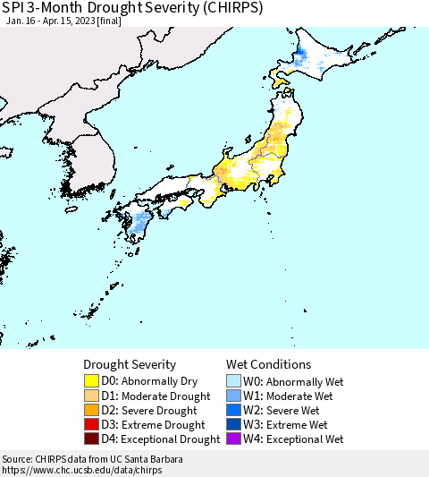 Japan SPI 3-Month Drought Severity (CHIRPS) Thematic Map For 1/16/2023 - 4/15/2023