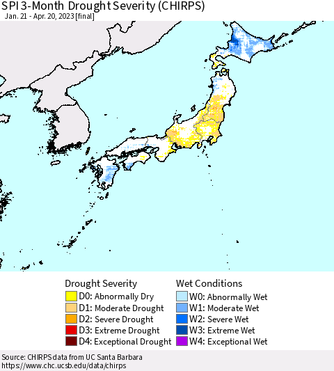 Japan SPI 3-Month Drought Severity (CHIRPS) Thematic Map For 1/21/2023 - 4/20/2023